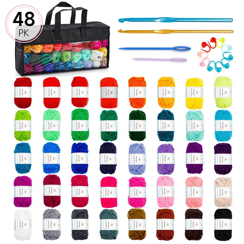 INSCRAFT 48 PCS Crochet Yarn Kit, 1400 Yards 40 Colors Acrylic Yarn Skeins, 2 Crochet Hooks, 2 Weaving Needles, 4 Stitch Markers, 1 Bag, for Crocheting & Knitting, Gift for Beginners and Adults - Image 2